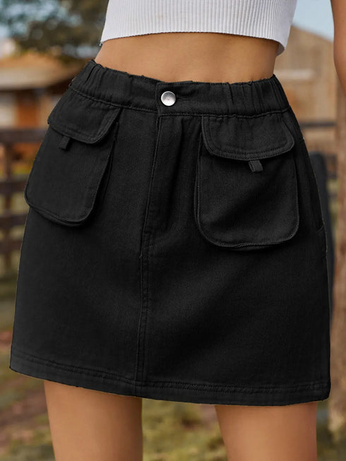 'Mariah' Elastic Waist Denim Skirt With Pockets - Celes Fashion